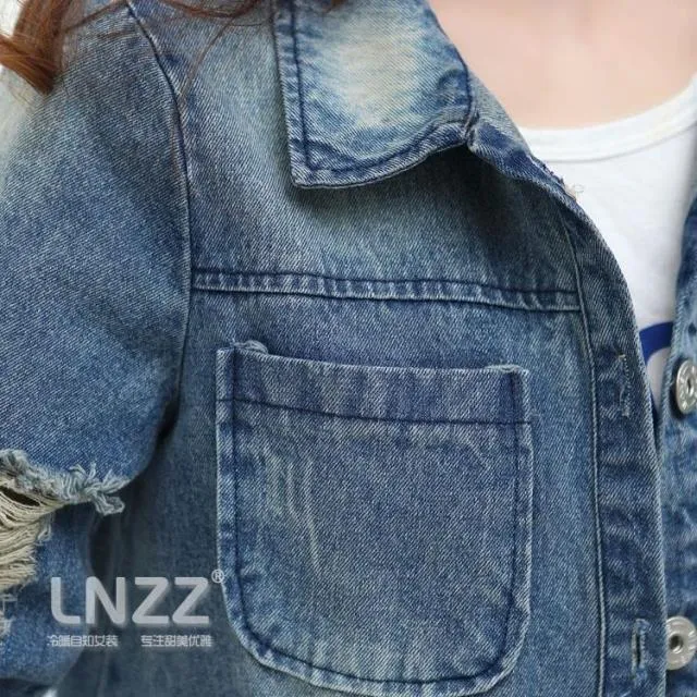 Medium Length Loose Hole Ddenim Jacket
