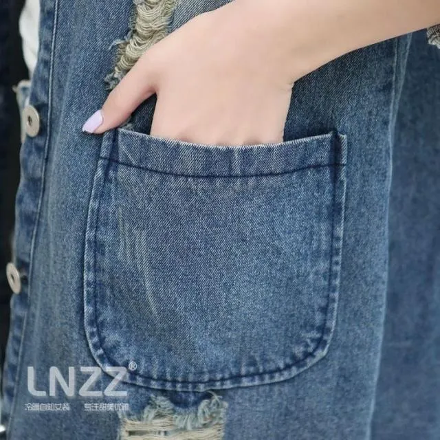 Medium Length Loose Hole Ddenim Jacket