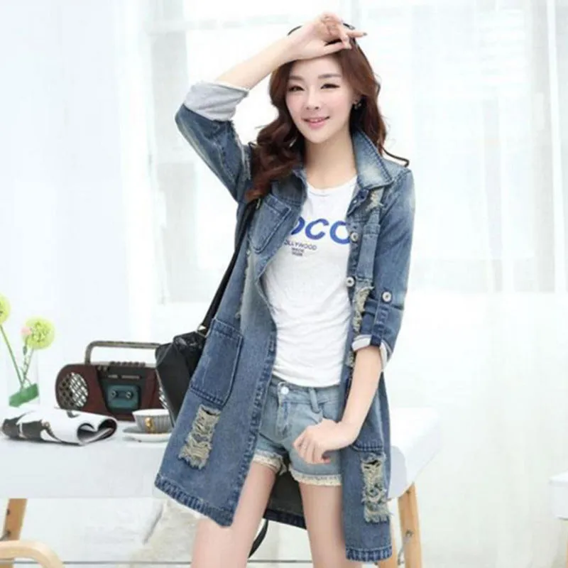 Medium Length Loose Hole Ddenim Jacket