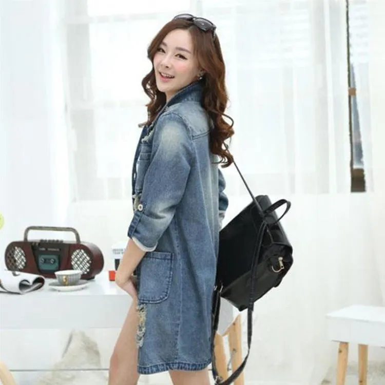 Medium Length Loose Hole Ddenim Jacket