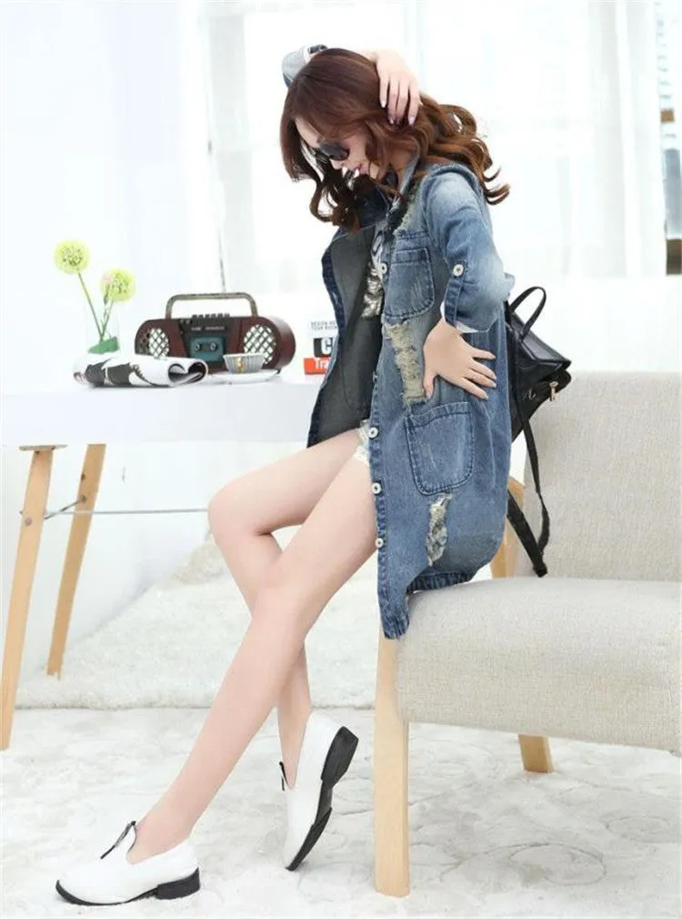 Medium Length Loose Hole Ddenim Jacket