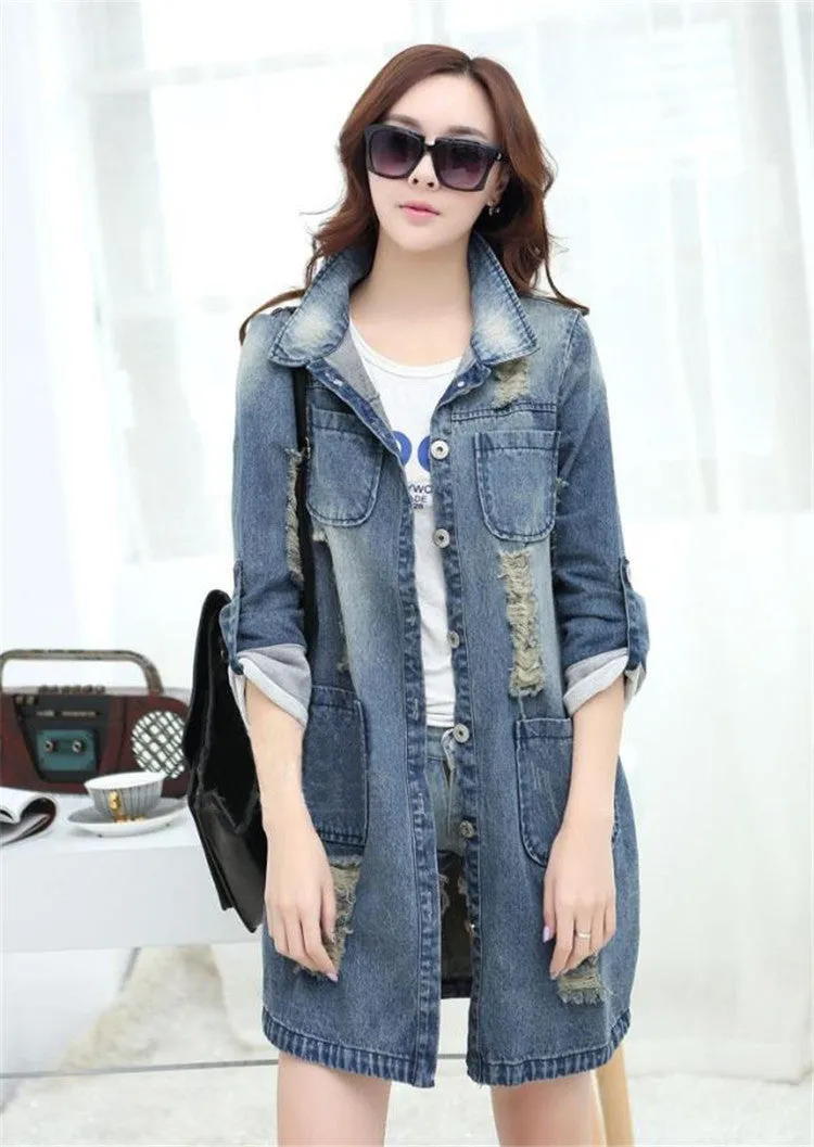 Medium Length Loose Hole Ddenim Jacket