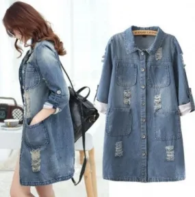 Medium Length Loose Hole Ddenim Jacket