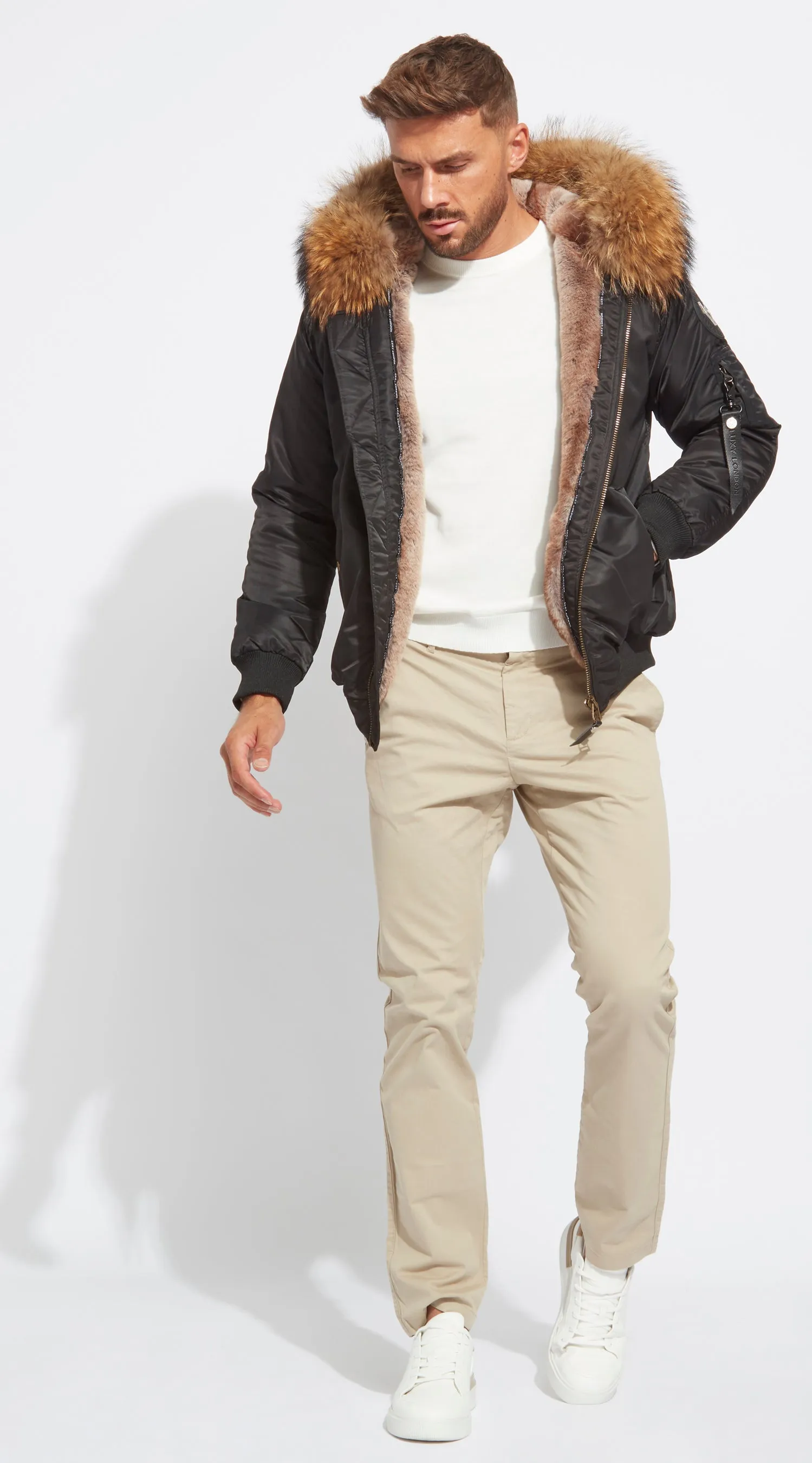 Mens Black Luxy Fur Bomber - Natural