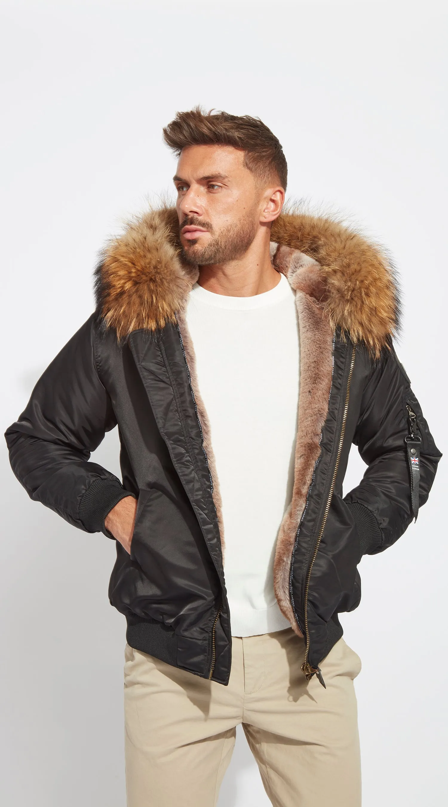 Mens Black Luxy Fur Bomber - Natural