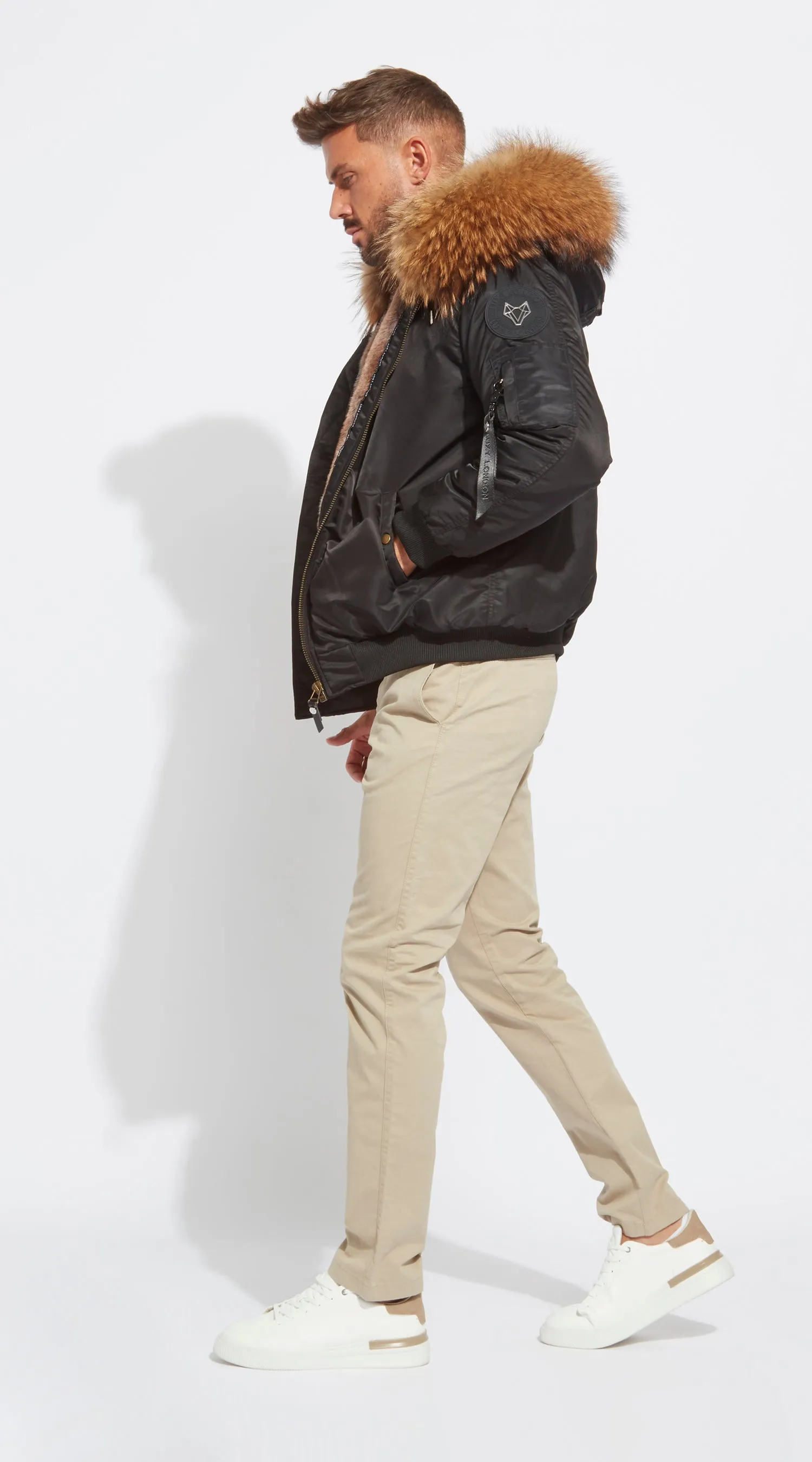 Mens Black Luxy Fur Bomber - Natural
