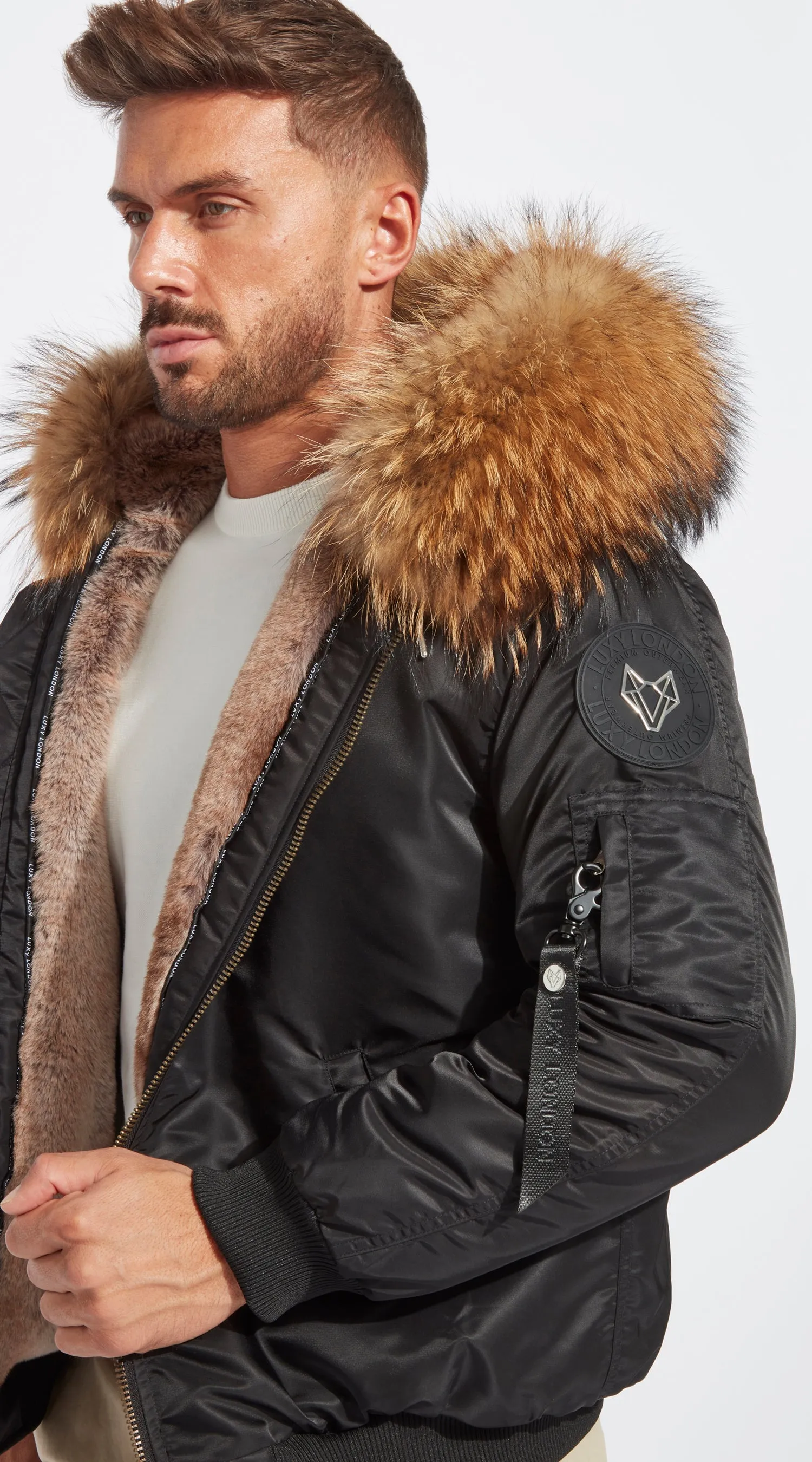 Mens Black Luxy Fur Bomber - Natural