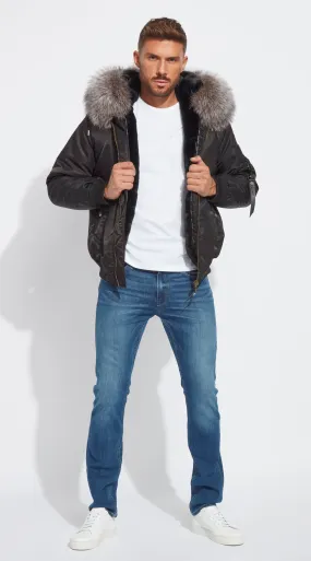 Mens Black  Luxy Fur Bomber - Silver Frost Fox