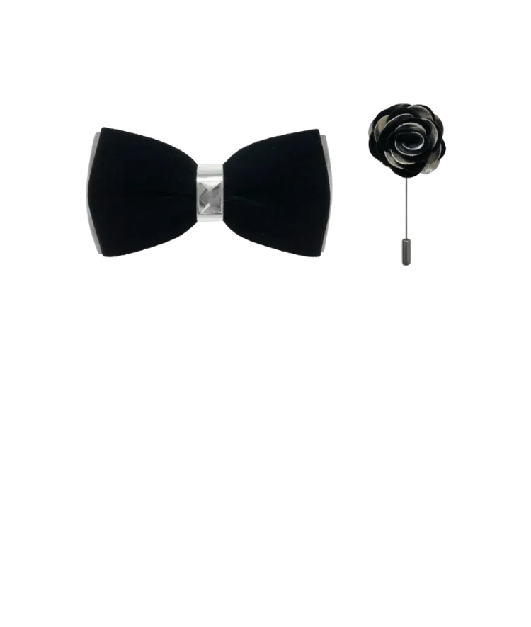 Men's Black Velvet and Silver Leather Bowties Hanky and Flowers