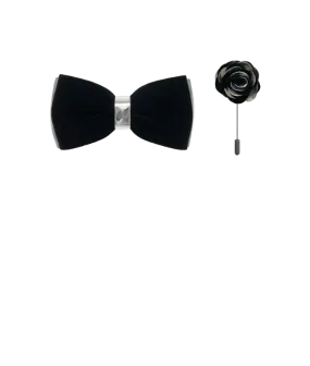 Men's Black Velvet and Silver Leather Bowties Hanky and Flowers