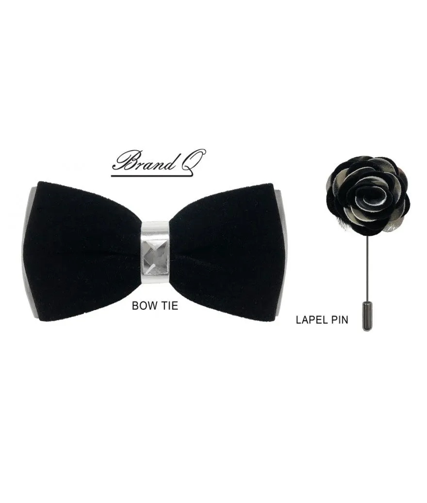 Men's Black Velvet and Silver Leather Bowties Hanky and Flowers