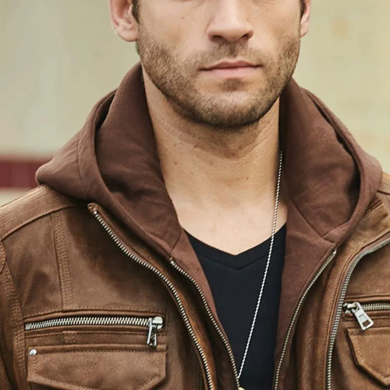 Men's Genuine Leather Jacket With Removable Hood