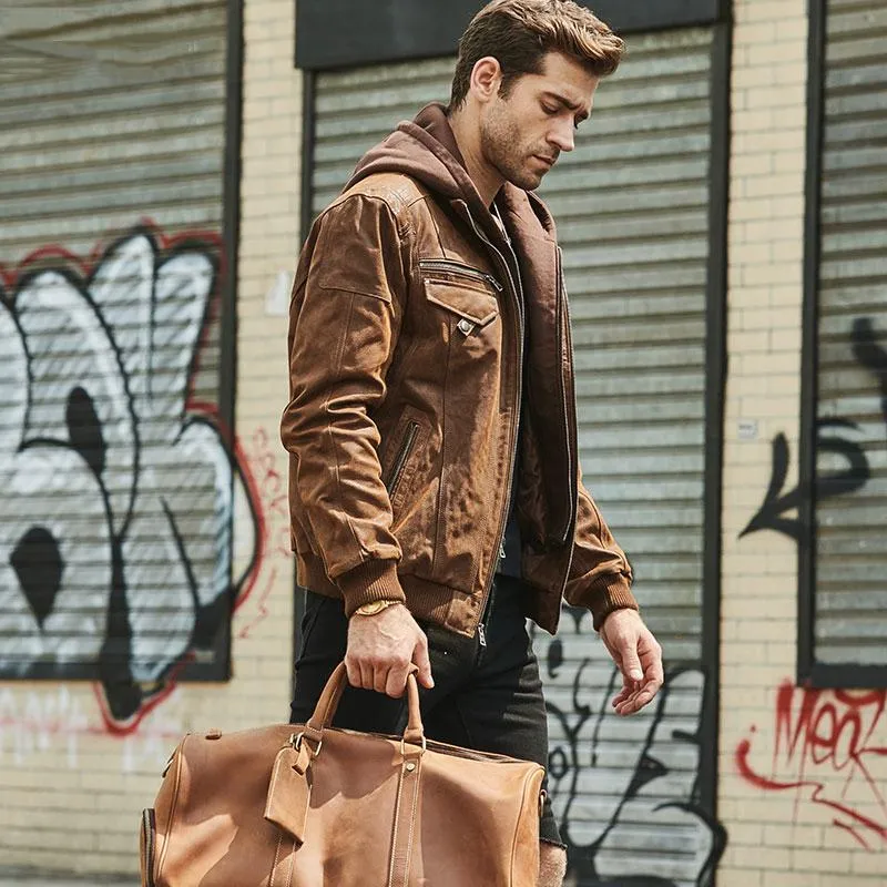 Men's Genuine Leather Jacket With Removable Hood