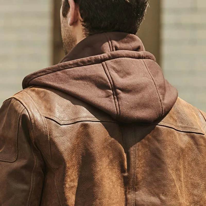 Men's Genuine Leather Jacket With Removable Hood