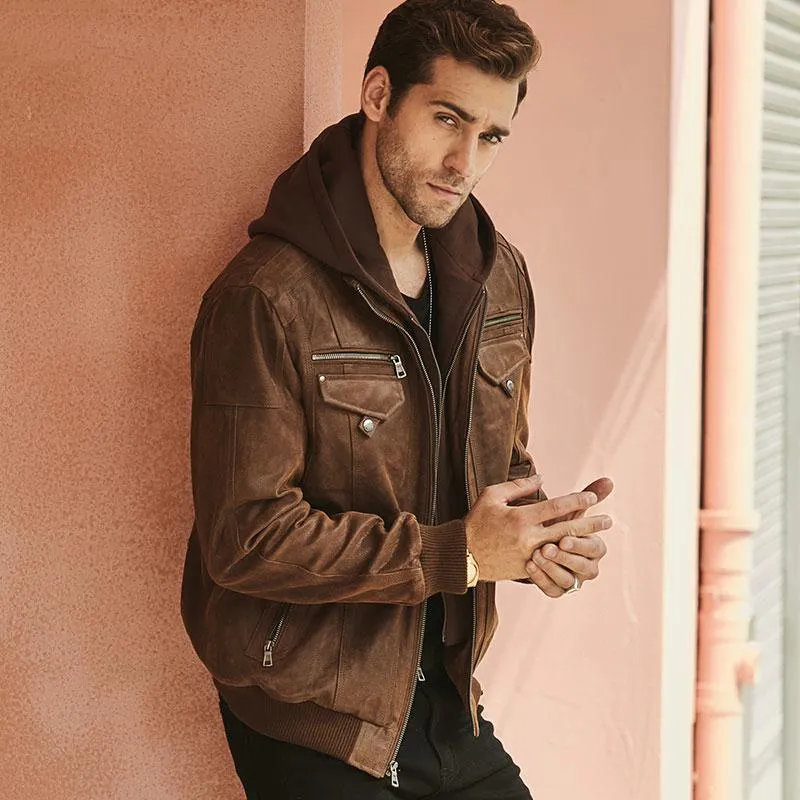 Men's Genuine Leather Jacket With Removable Hood