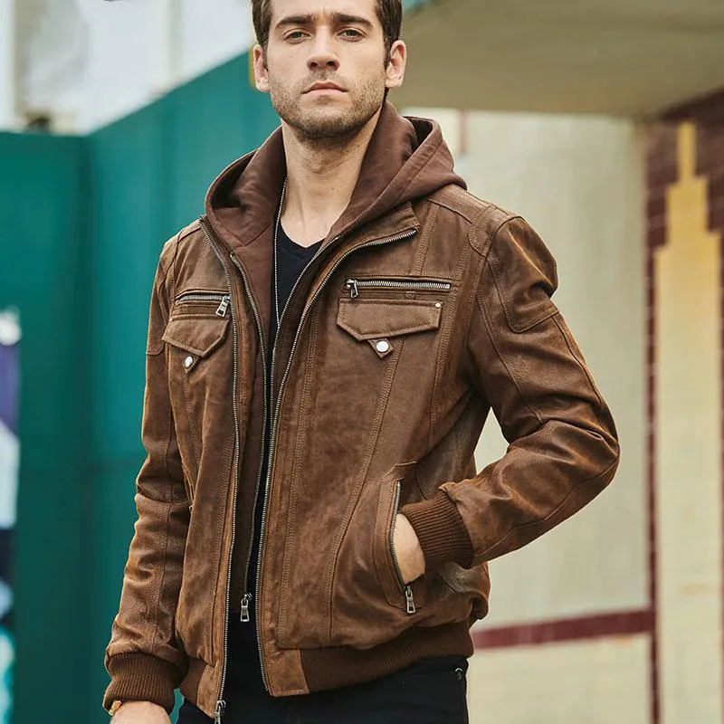 Men's Genuine Leather Jacket With Removable Hood