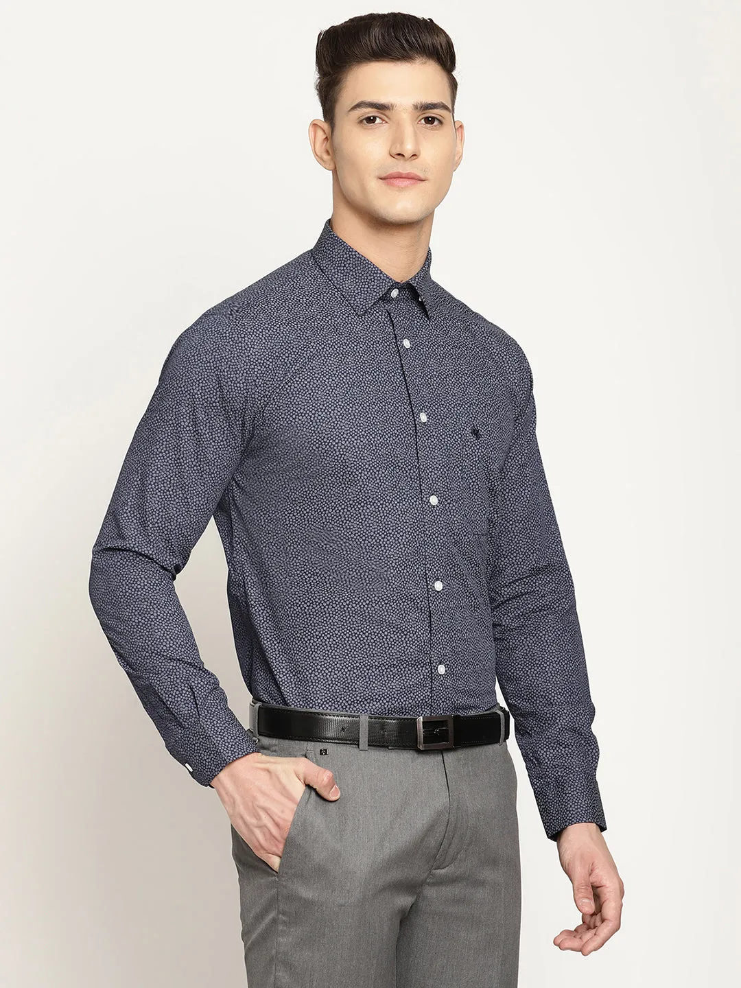 Men's Navy Blue Formal Floral Ditsy Print Full Sleeve Shirt