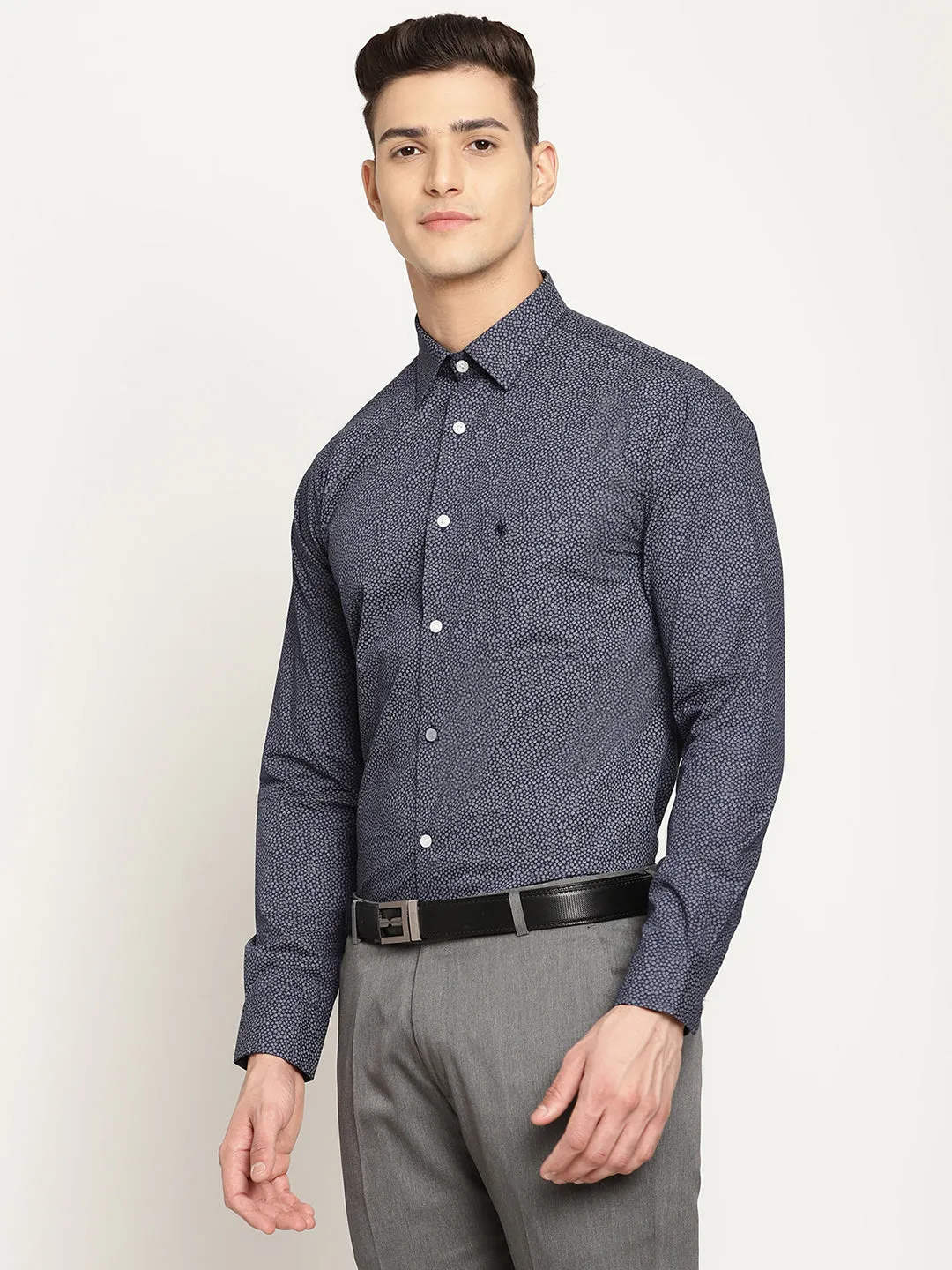 Men's Navy Blue Formal Floral Ditsy Print Full Sleeve Shirt