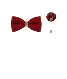 Men's Red Velvet and Gold Leather Fashion Bowties Hanky and Flowers