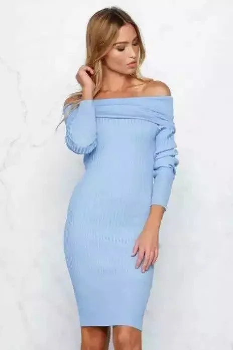 Off Shoulder Bodycon Knitting Long Sweater