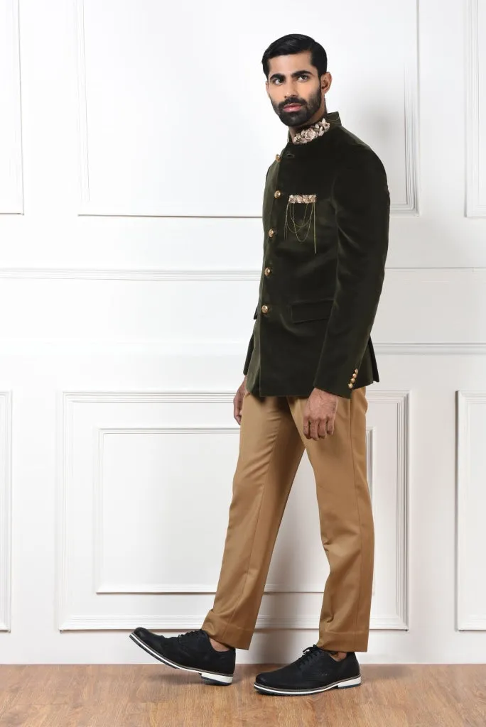 Olive Green Velvet Bandhgala