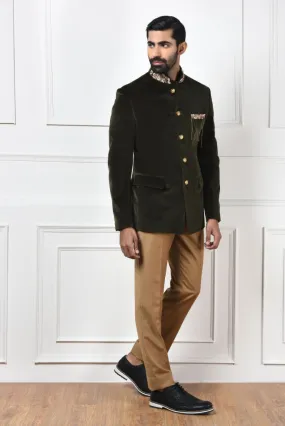Olive Green Velvet Bandhgala