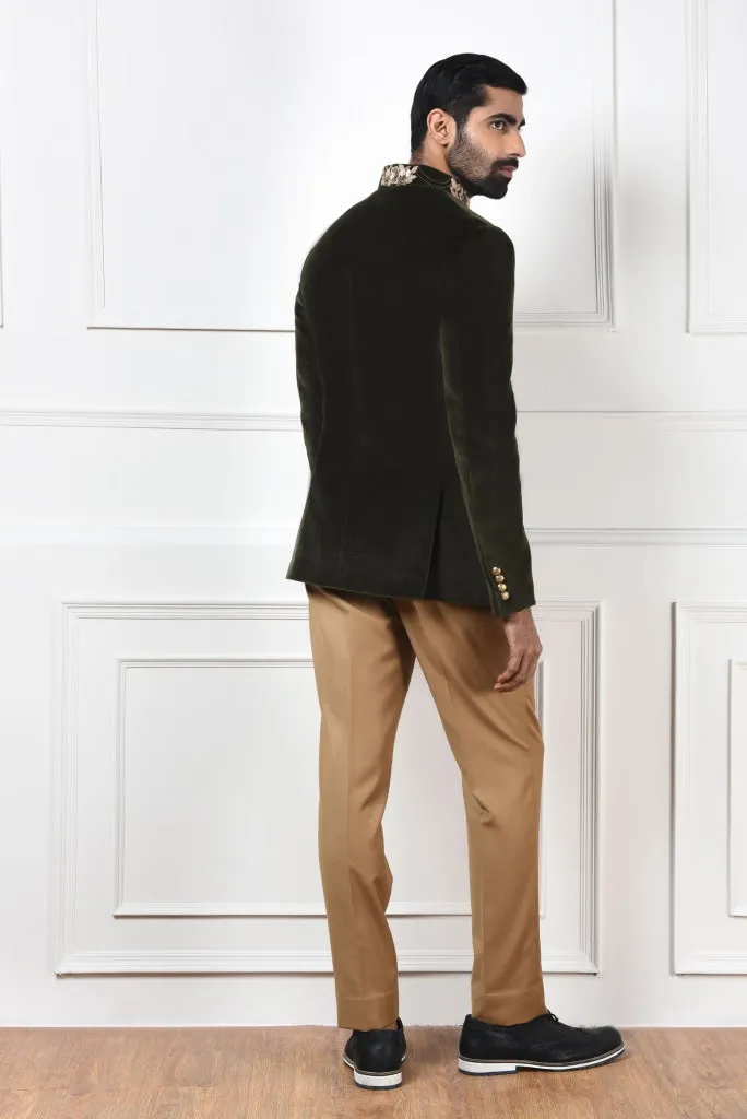Olive Green Velvet Bandhgala