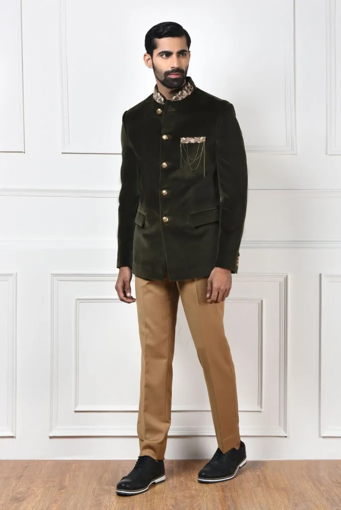 Olive Green Velvet Bandhgala