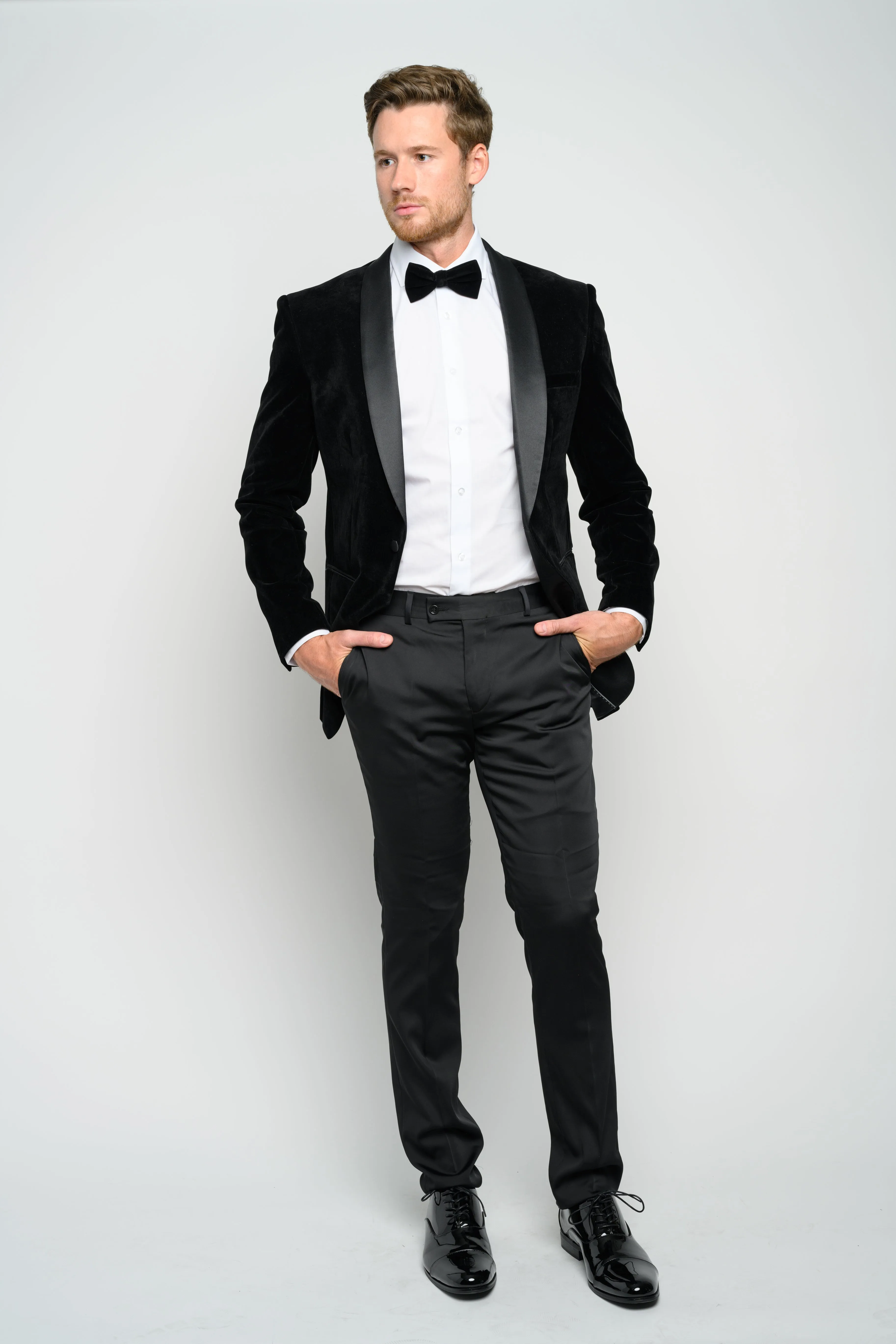OMC Signature Men's Black Velvet Shawl Lapel Slim Fit Tuxedo Jacket
