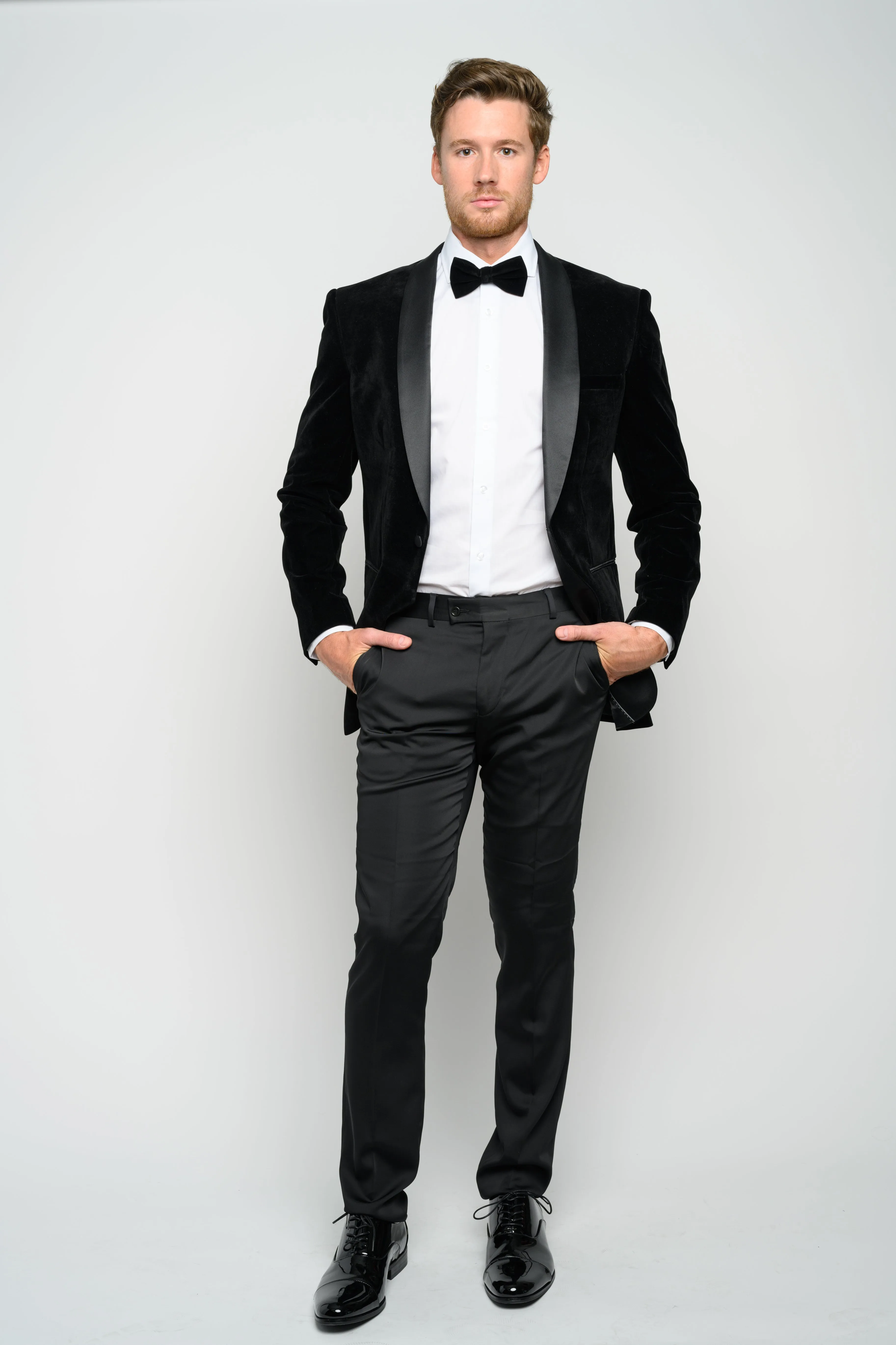 OMC Signature Men's Black Velvet Shawl Lapel Slim Fit Tuxedo Jacket