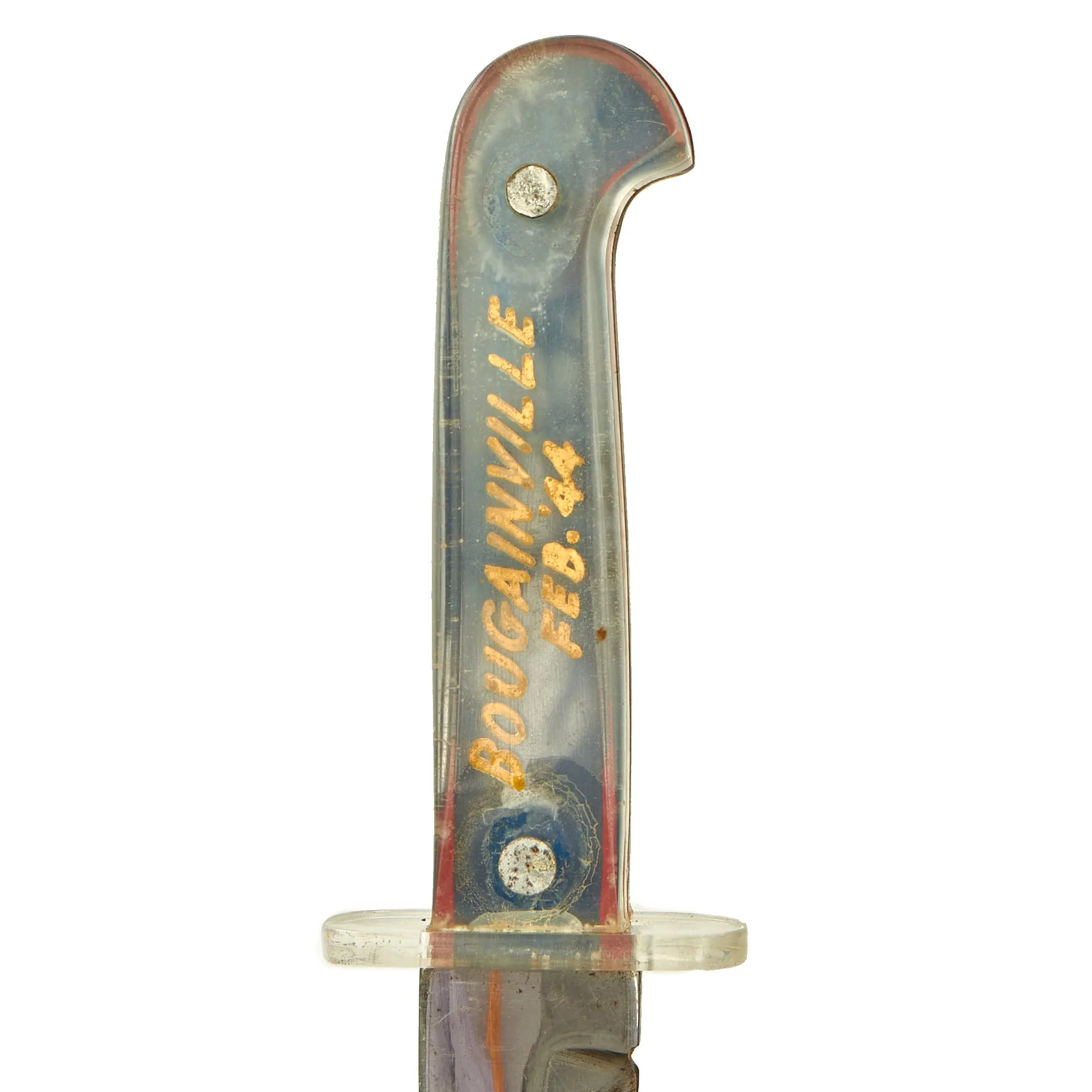 Original U.S. WWII US Marine Corps Pilot DFC Recipient Captain James H. Phillips Kabar Style Theater Made Fighting Knife With Scabbard - Marked “BOUGAINVILLE FEB ‘44”