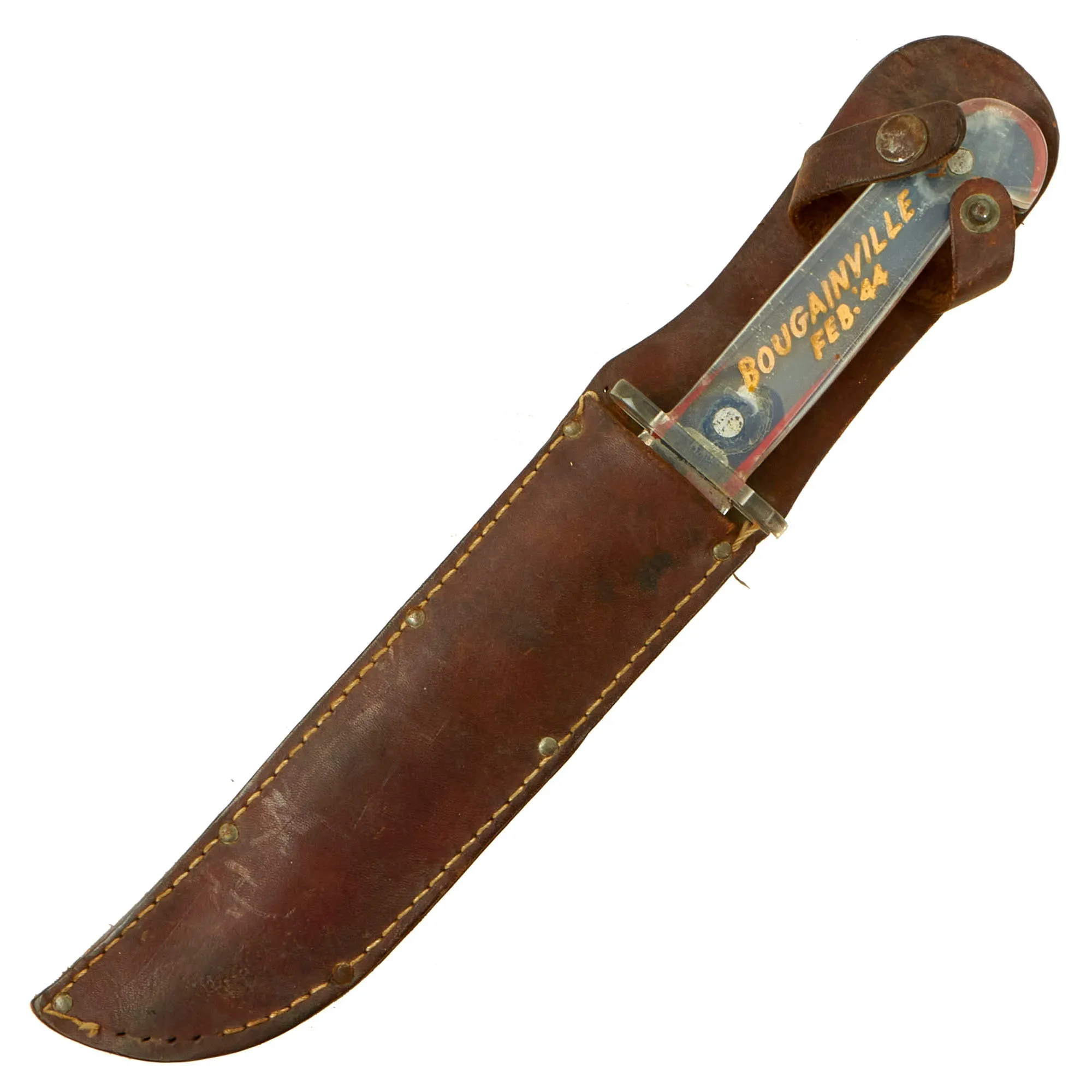 Original U.S. WWII US Marine Corps Pilot DFC Recipient Captain James H. Phillips Kabar Style Theater Made Fighting Knife With Scabbard - Marked “BOUGAINVILLE FEB ‘44”
