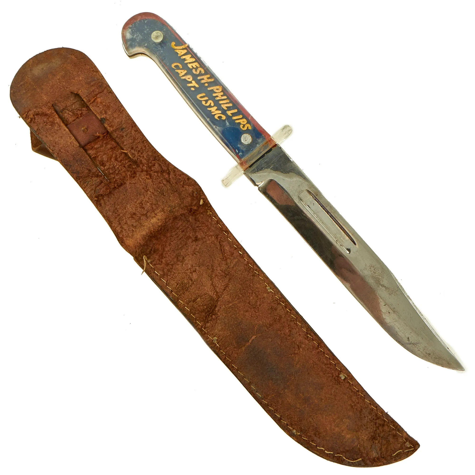 Original U.S. WWII US Marine Corps Pilot DFC Recipient Captain James H. Phillips Kabar Style Theater Made Fighting Knife With Scabbard - Marked “BOUGAINVILLE FEB ‘44”