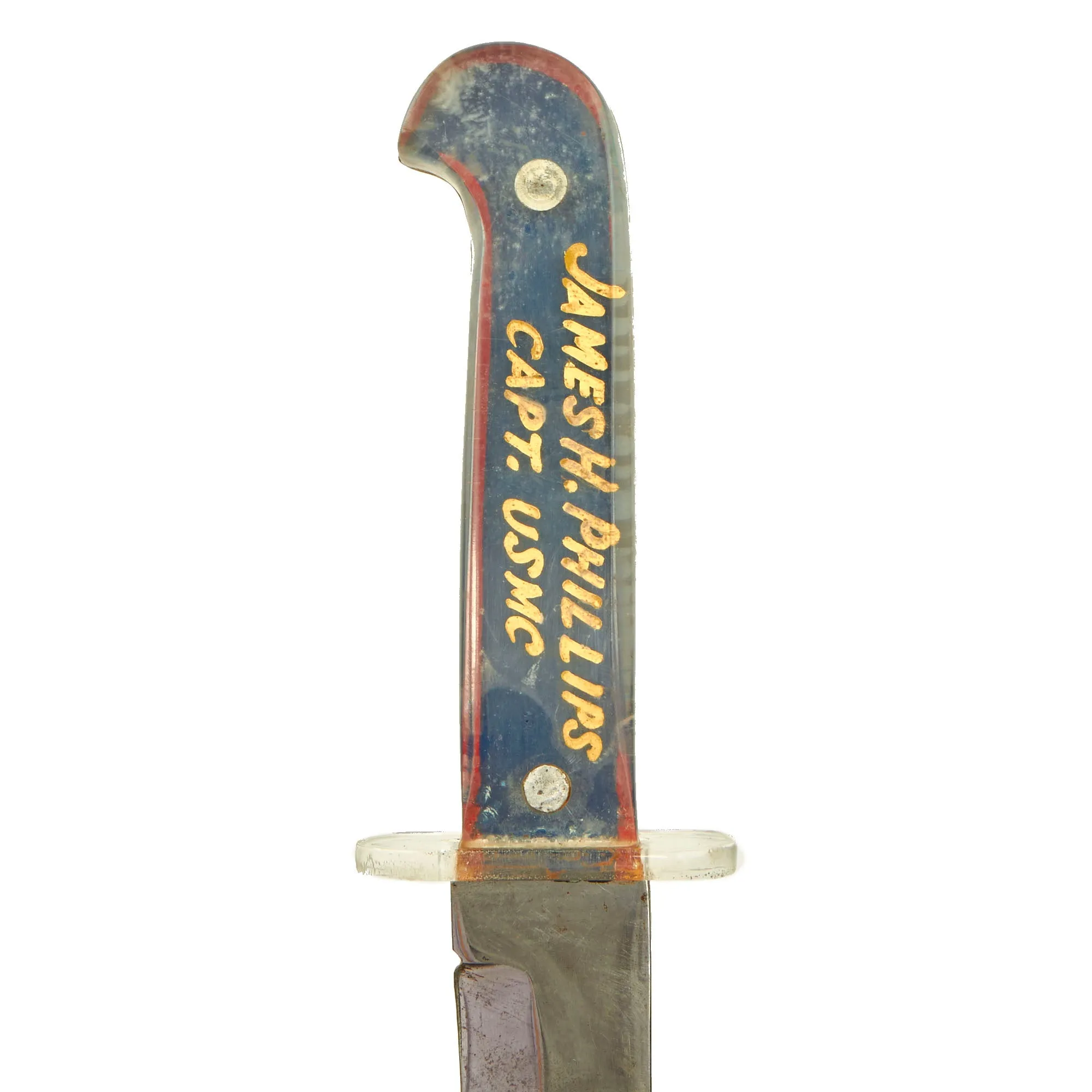 Original U.S. WWII US Marine Corps Pilot DFC Recipient Captain James H. Phillips Kabar Style Theater Made Fighting Knife With Scabbard - Marked “BOUGAINVILLE FEB ‘44”