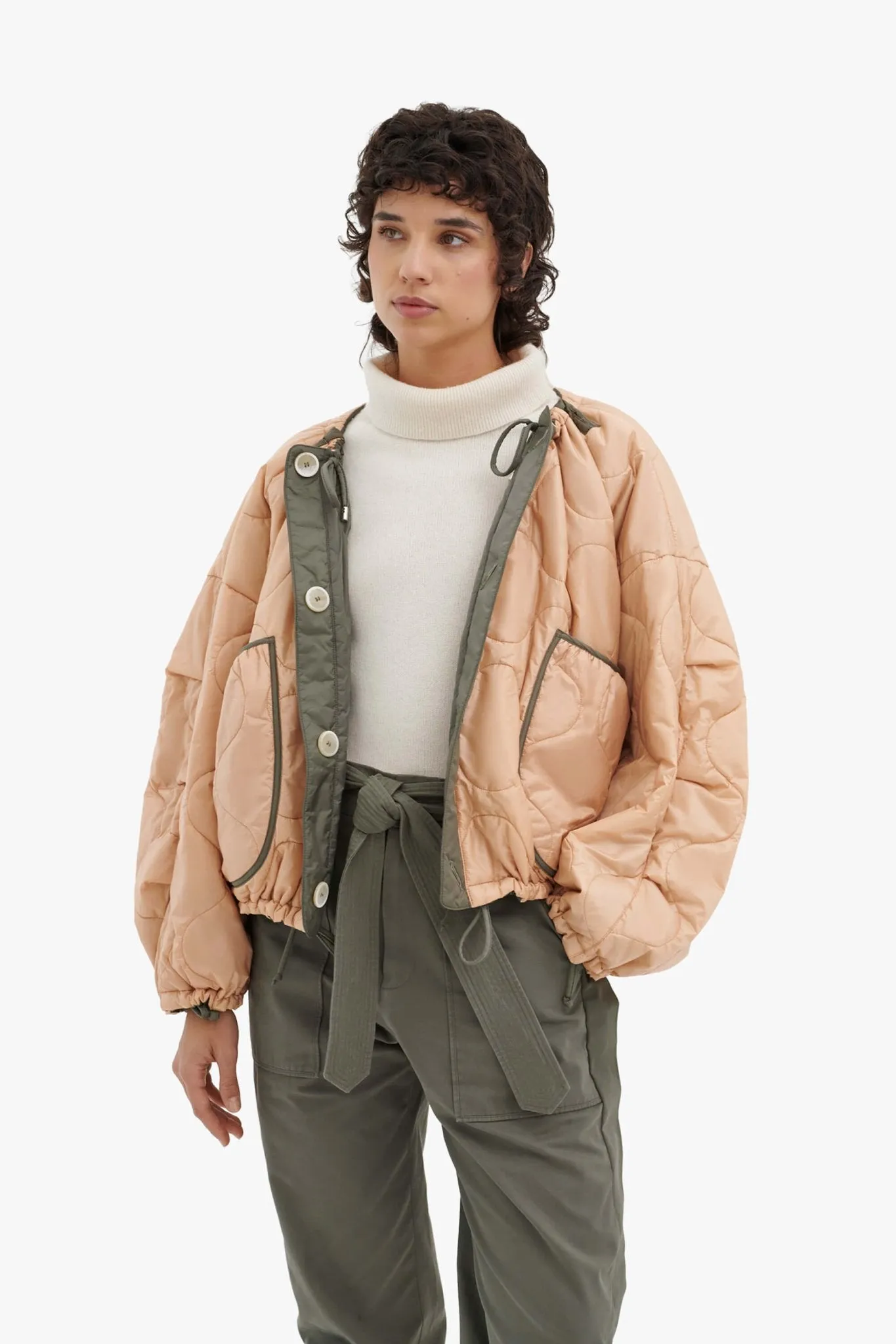 Parachute Quilt Bomber - Olive / Soft Peach