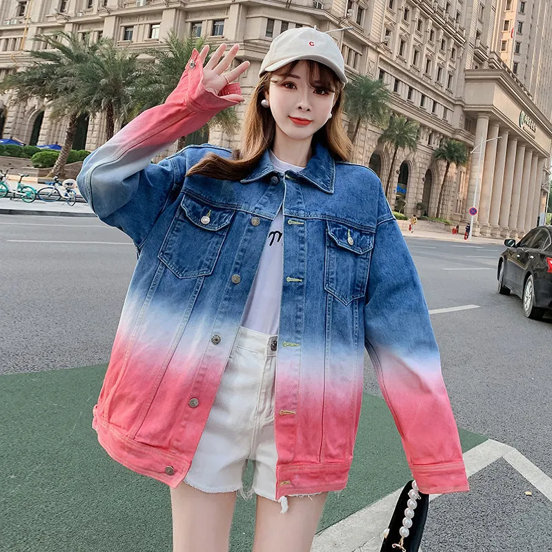 Pink Gradient Denim Jacket Loose Jacket Tie Dyed Men's And Women's Lovers Jacket