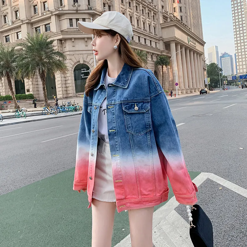Pink Gradient Denim Jacket Loose Jacket Tie Dyed Men's And Women's Lovers Jacket