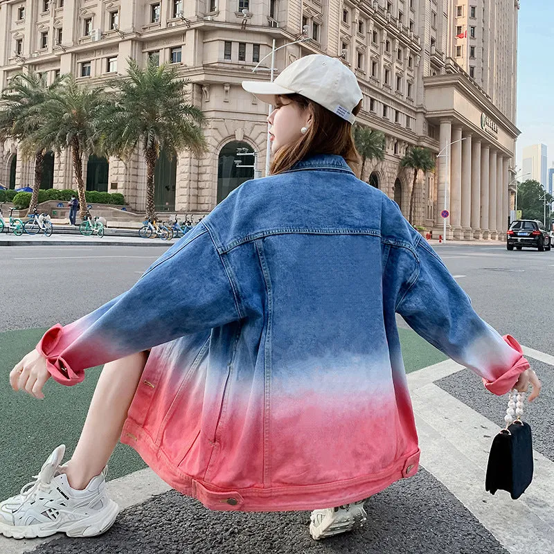 Pink Gradient Denim Jacket Loose Jacket Tie Dyed Men's And Women's Lovers Jacket