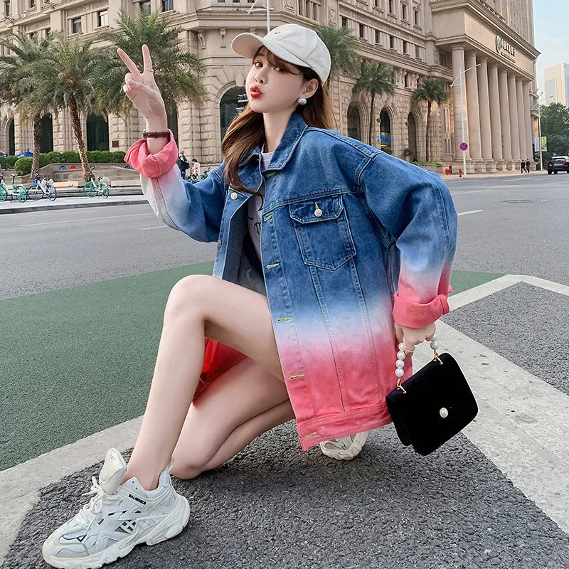 Pink Gradient Denim Jacket Loose Jacket Tie Dyed Men's And Women's Lovers Jacket