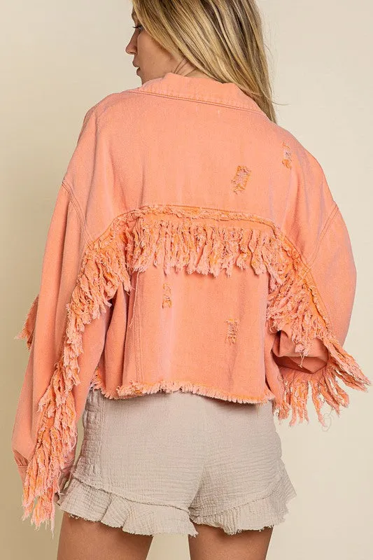 POL Distressed Crop Denim Jacket