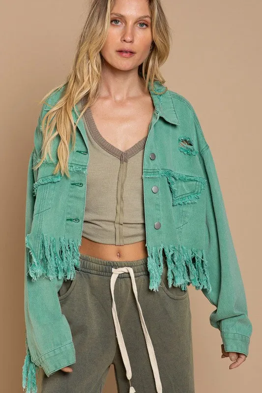 POL Distressed Crop Denim Jacket