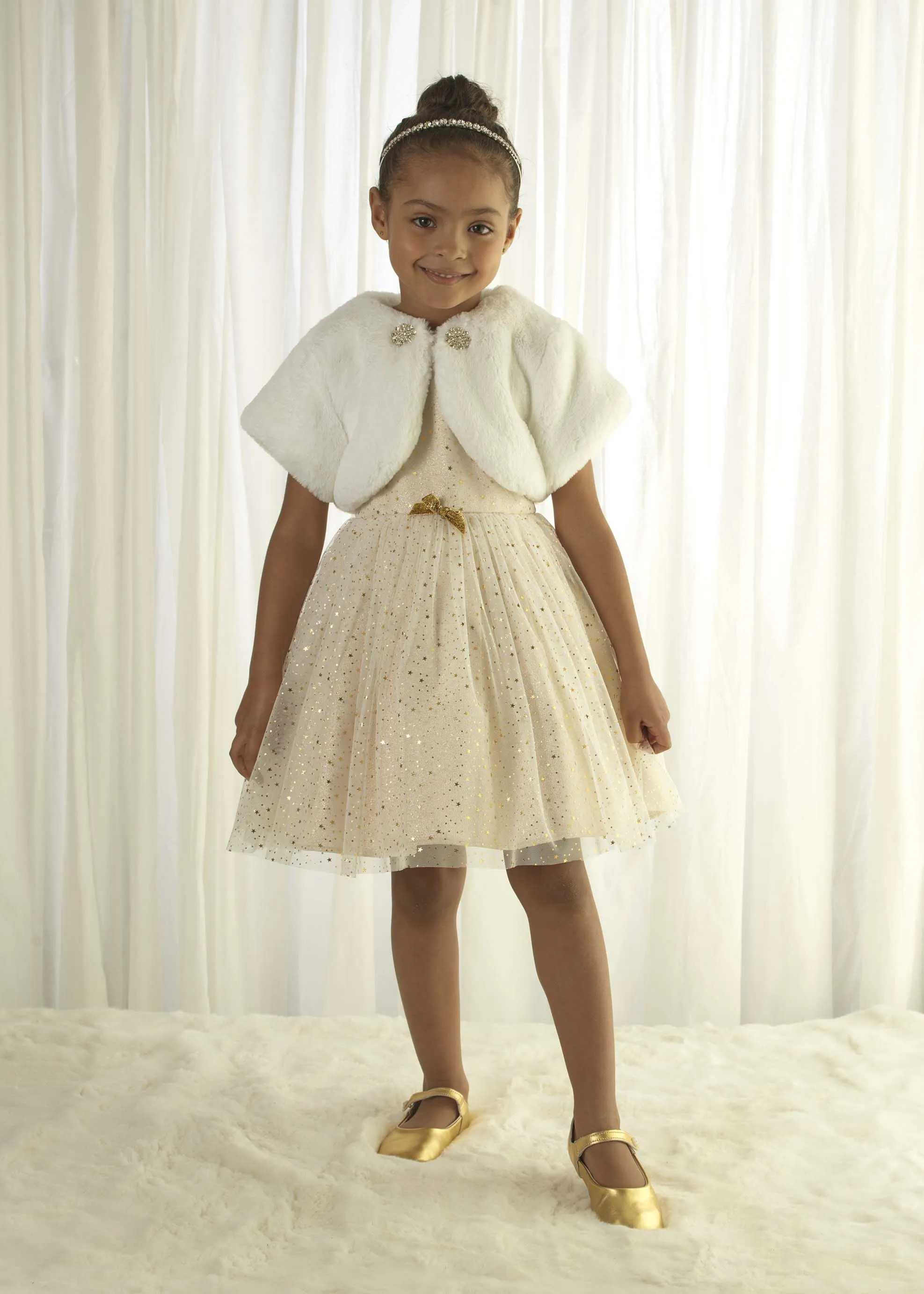 Rachel Riley Girls Diamante Faux Fur Bolero in Ivory