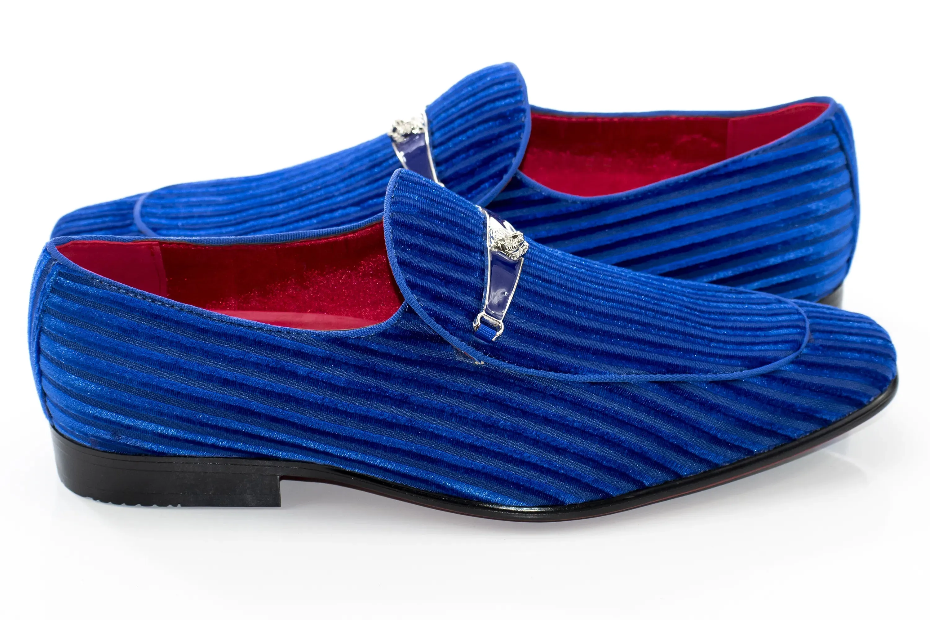 Royal Blue Striped Velvet Smoking Loafer with Designer Bit