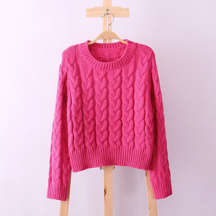 Scoop Solid Cable Ribbed Knit Short Sweater