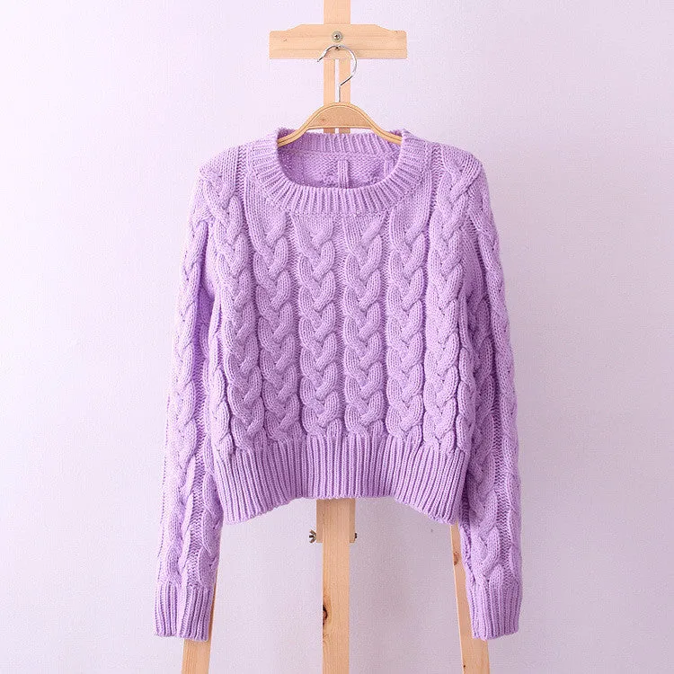 Scoop Solid Cable Ribbed Knit Short Sweater