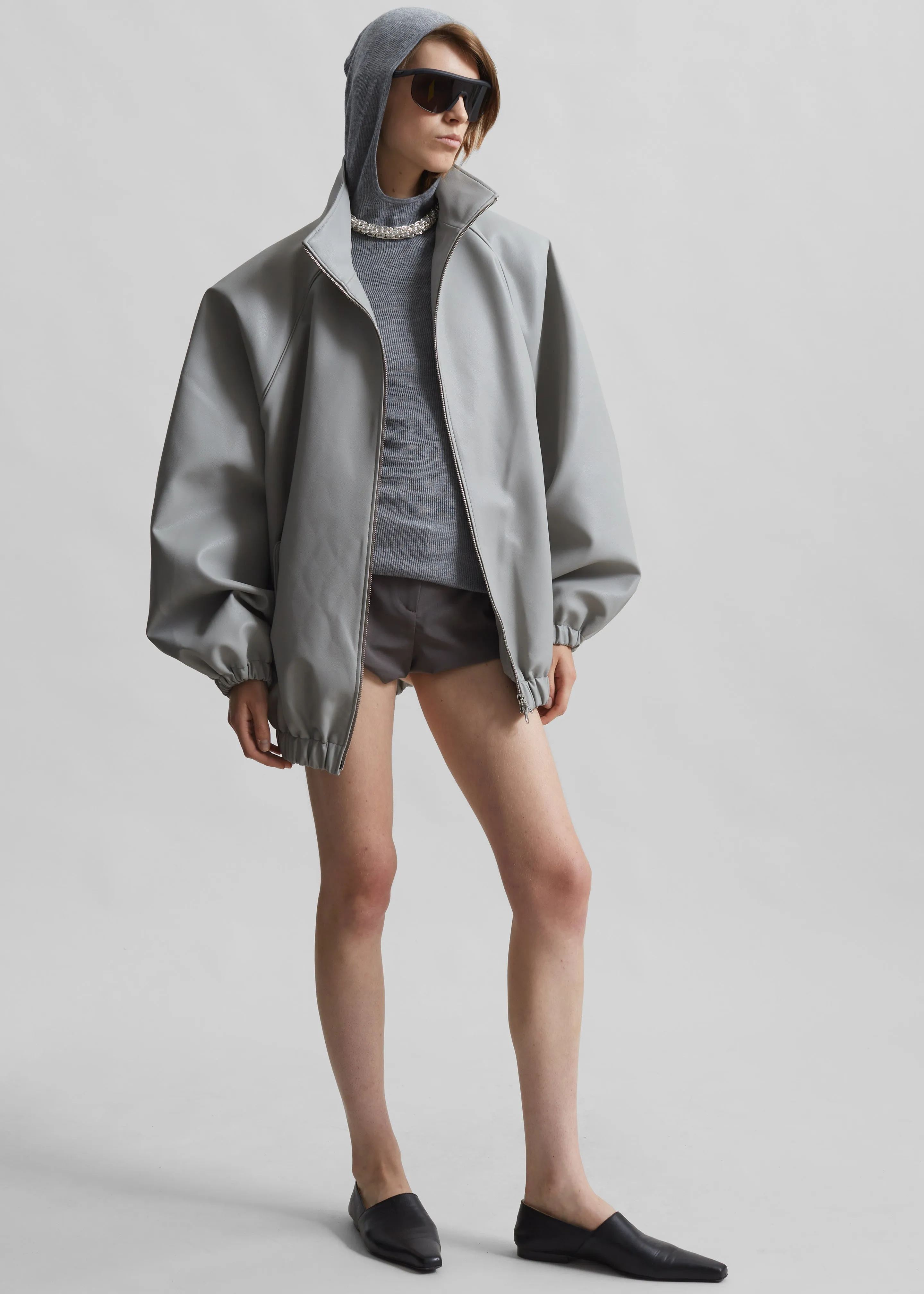Senta Faux Leather Bomber - Light Grey