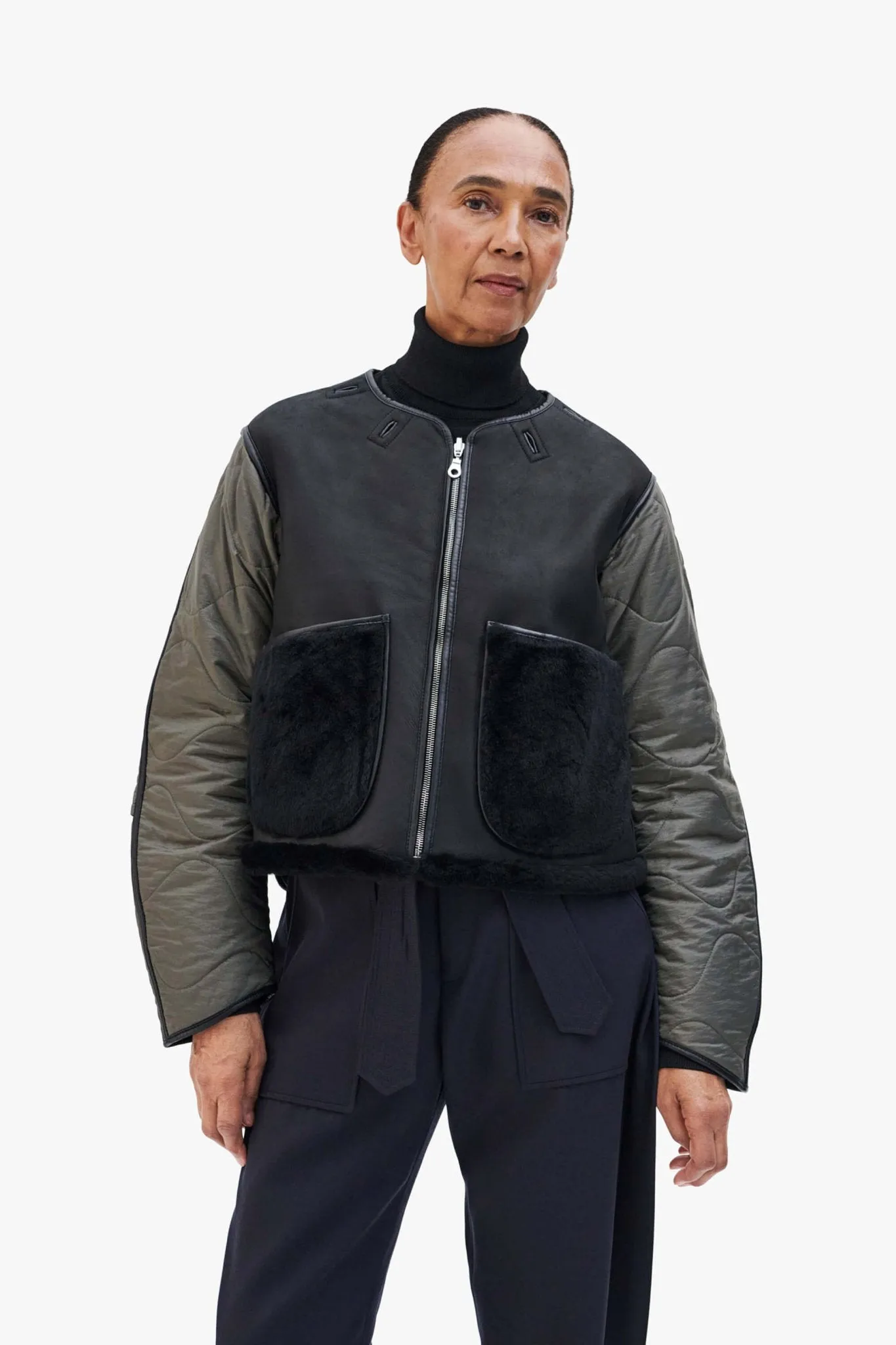 Shearling Cropped Aviator Quilt Jacket - Black / Black