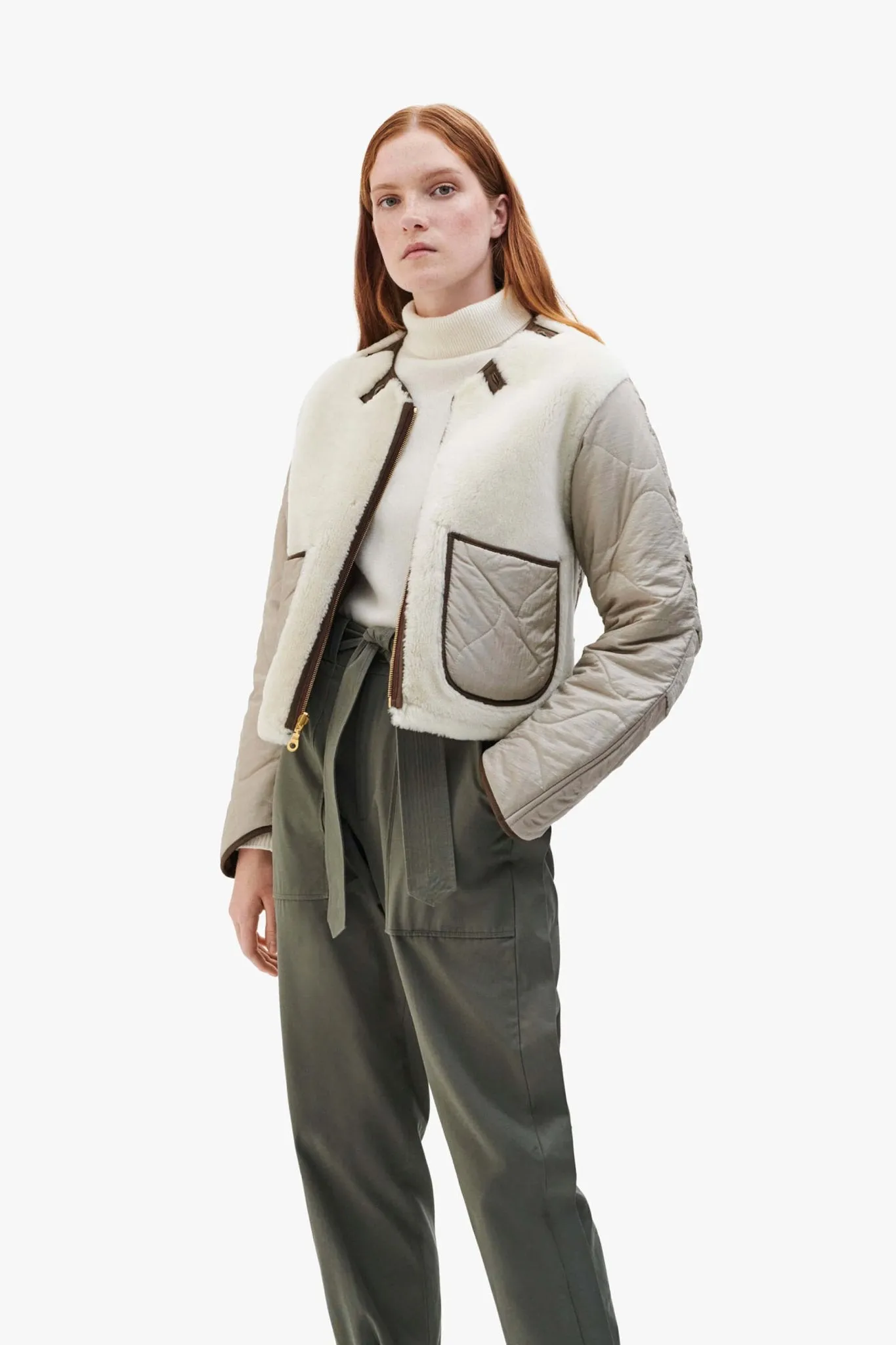 Shearling Cropped Aviator Quilt Jacket - Chocolate / Natural