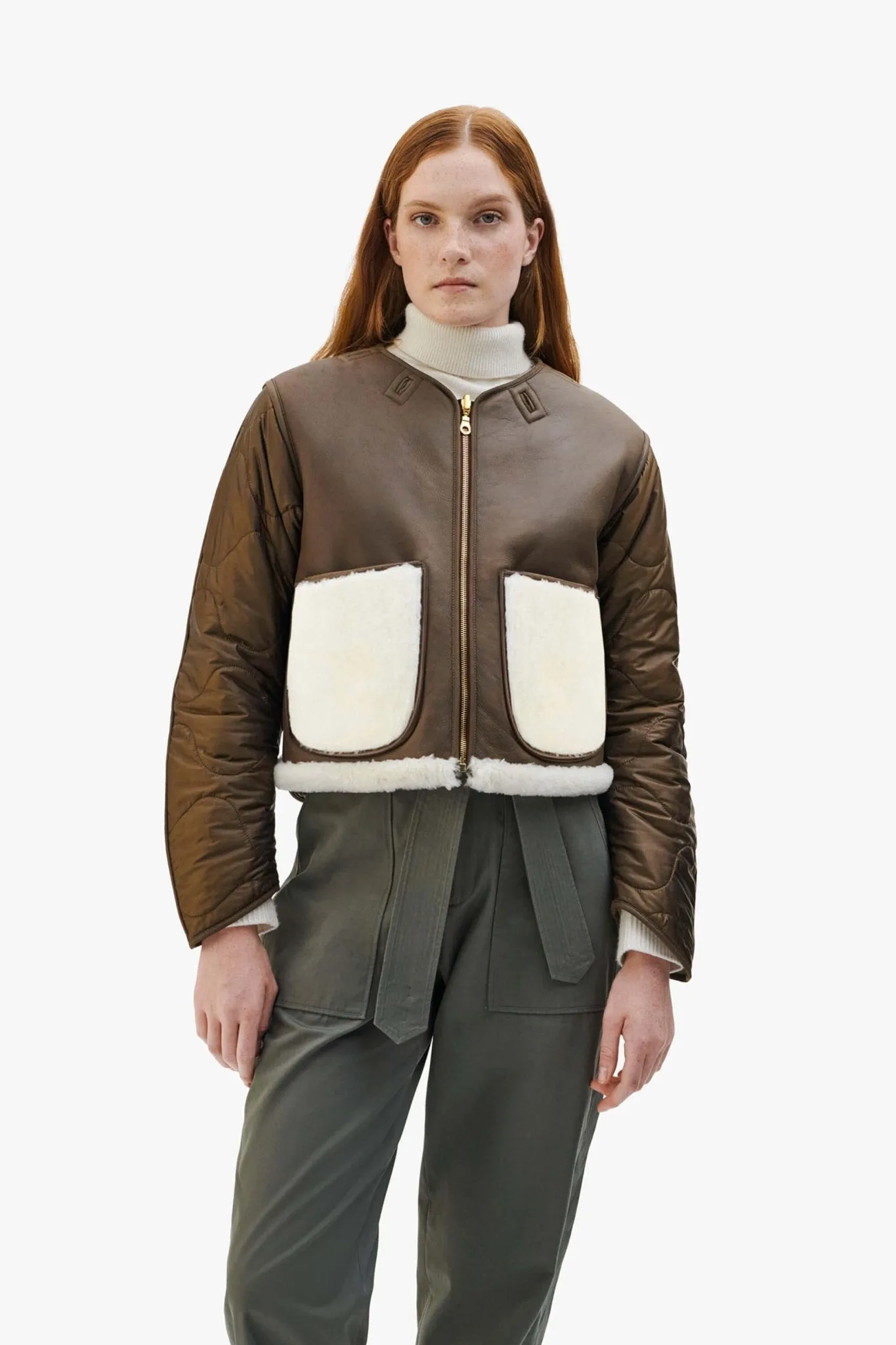 Shearling Cropped Aviator Quilt Jacket - Chocolate / Natural