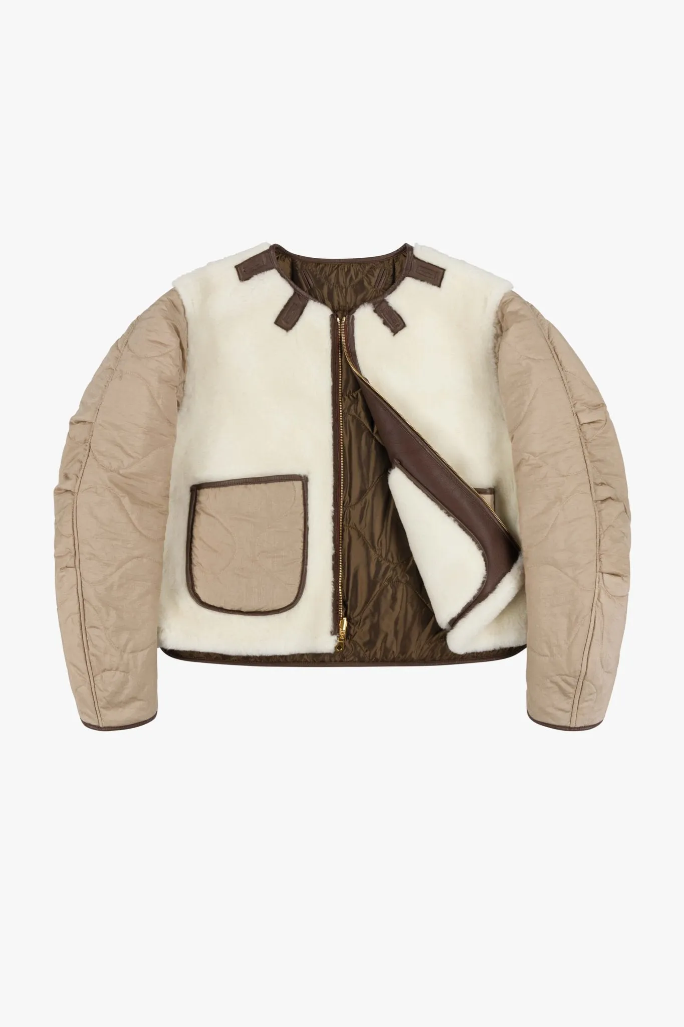 Shearling Cropped Aviator Quilt Jacket - Chocolate / Natural